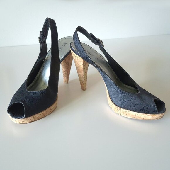 NWOT BCBGirls black logo textile & cork heeled platform sandal, US 10 - Picture 6 of 13